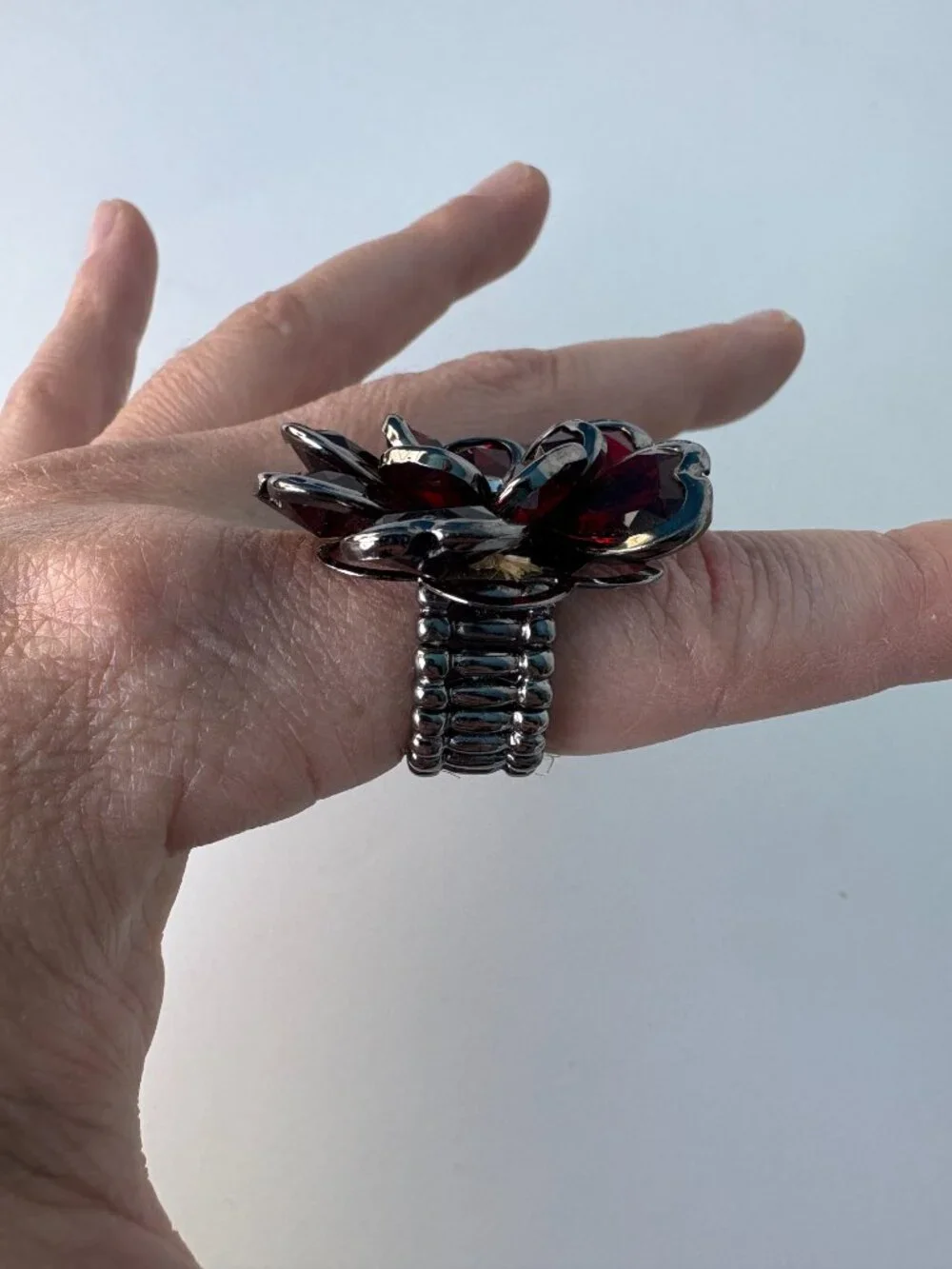 Statement Burgundy Crystal Flower Stretch Ring | Oversized Cocktail Ring